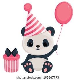 Birthday panda with gift box and balloon. Panda in pink