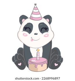 Panda de cumpleaños con caja de regalo y globo. Panda en rosa