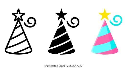 Birthday paper hat flat icon. Celebration cone cap color sign. Party hat decoration symbol. Surprise pictogram. Costume gender party illustration.