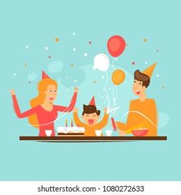 Birthday, parents with a child. Flat design vector illustration.