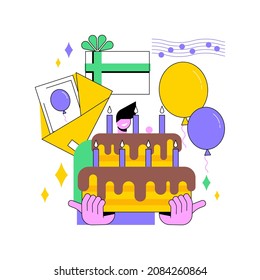 Ilustración vectorial de concepto abstracto de fiesta de cumpleaños. Artículos de celebración, invitación a fiesta, lista de planificación, pasteles especiales para ocasión, tarjeta de saludo, cantar feliz cumpleaños, dulce metáfora abstracta 16.