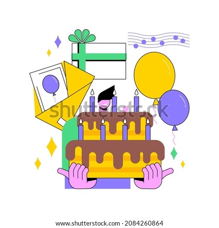 Birthday party abstract concept vector illustration. Celebration supplies, party invitation, planning list, special occasion cake, greeting card, sing happy birthday, sweet 16 abstract metaphor.