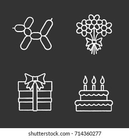 Birthday party accessories chalk icons set. Balloon dog, bunch of flowers, gift box, birthday cake. Isolated vector chalkboard illustrations
