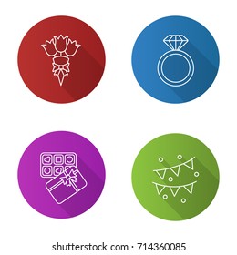 Birthday party accessories flat linear long shadow icons set. Bunch of flowers, diamond ring, sweets box, garlands. Vector outline illustration