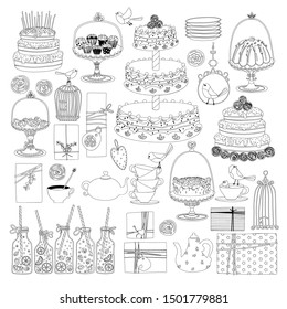 Birthday party. Afternoon Tea set. Different cakes under the glass dome and gifts. Vector illustration in simple contour cartoon hand-drawn style. Ideal for kids coloring.