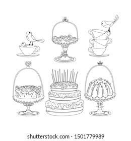 Birthday party. Afternoon Tea set. Different cakes under the glass dome. Vector illustration in simple contour cartoon hand-drawn style. Ideal for kids coloring.