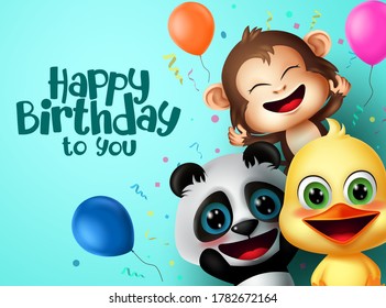 Birthday party animals character vector design. Happy birthday text with friends surprise animal characters and colorful party elements like balloon and confetti for kids celebration greeting card.