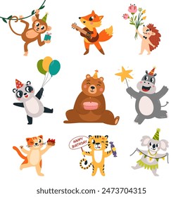 Birthday party animals. Festive monkey bear hippo and fox. Funny koala with garland, panda and hedgehog. Cat hold cake slice, classy vector clipart