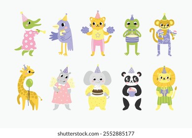 Birthday party animals hand drawn set