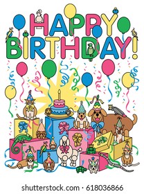 Birthday Party Animals Illustration of a group of pets celebrating at a birthday party,