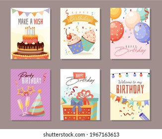 Birthday party. Anniversary celebration greeting posters, kids color invitations with cute carnival elements and congratulatory text, holiday banners collection. Vector cartoon cards