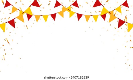 Birthday, party, anniversary, holiday decoration elements vector flags and gold confetti banner