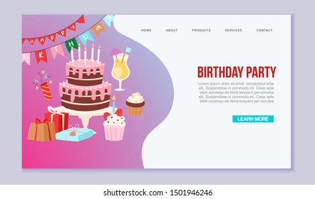 Birthday party anniversary landing page vector illustration. Cartoon kids happy birthday party cake and cupcakes, candles, gift boxes celebration web-page service and organisation.