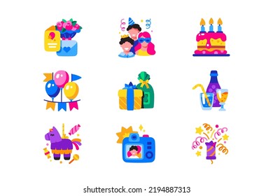 Birthday party attributes icons set vector illustration. Giftboxes, balloons, cake and firework. Festive event flat concept