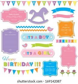 Birthday party and baby shower design elements set.