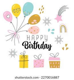 Birthday party background. Birthday party. Party balloons decoration of different colors, gift boxes, stars