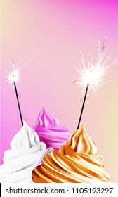 Birthday party background with cakes and sparklers. Vector illustration