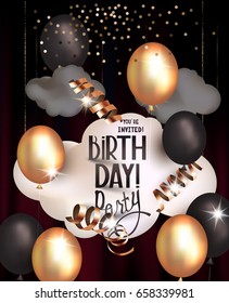 Birthday party background with clouds, textured gold sparkling serpentine, air balloons and red theater curtains. Vector illustration