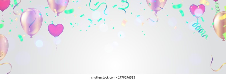 Birthday party background - colorful festive balloons, confetti, ribbons flying for celebrations card in isolated background with space for you 