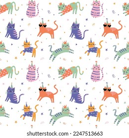 Birthday party background with cute cats. Seamless funny pattern with cats and birthday caps. Hand draw cute cats in doodle style. For textiles, clothing, bed linen, office supplies.