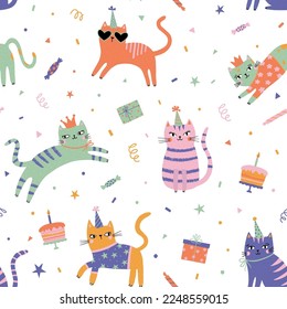 Birthday party background with cute cats. Seamless funny pattern with cats, gift box, cake and birthday caps. Hand draw cute cats in doodle style. For textiles, clothing, bed linen, office supplies.