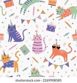 Birthday party background with cute cats. Seamless funny pattern with cats, gift box, cake and birthday caps. Hand draw cute cats in doodle style. For textiles, clothing, bed linen, office supplies.