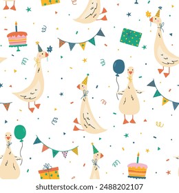 Birthday party background with funny geese. Seamless funny pattern with goos, gift box, cake and birthday caps. Hand draw cute duck in doodle style. For textiles, clothing, bed linen, office supplies.