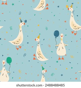 Birthday party background with funny geese. Seamless funny pattern with goose with birthday cap. Hand draw cute duck in doodle style. For textiles, clothing, bed linen, office supplies.