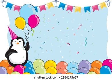 Birthday party background. Graphic illustration of cute colorful balloons and penguins. Perfect for illustration designs for birthday parties and other festive celebrations