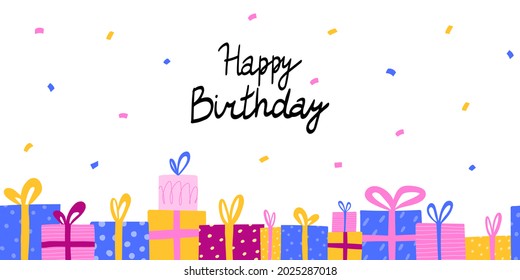 Birthday party background. Horizontal banner with confetti and gifts, poster with copy space, anniversary celebration card pink yellow and blue colors cartoon vector isolated illustration