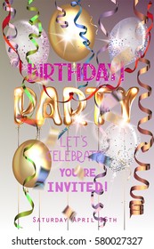 Birthday party background with serpentine, air balloons and confetti. Vector Illustration