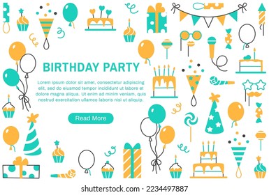 Birthday party background or web page internet template with button. Color line Birthday invitation. Decorative anniversary elements gift box balloon cake muffin. Minimal event vector illustration.