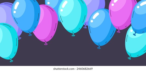 Fondo de globos de fiesta de cumpleaños. Globos de helio multicolores, decoraciones de globos de aire de colores de Ilustración vectorial plana. Fondo brillante de los globos