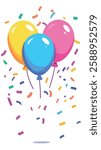 Birthday party balloons and confetti, vector illustration, white bacground, eps
