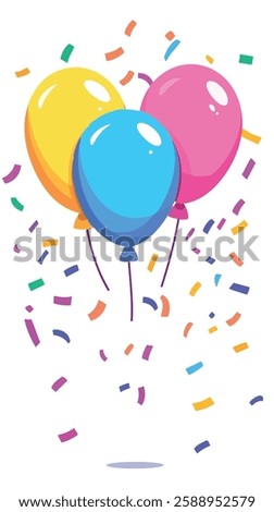 Birthday party balloons and confetti, vector illustration, white bacground, eps