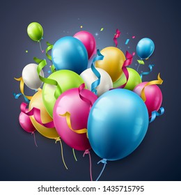 Birthday party balloons and streamers on blue background. 