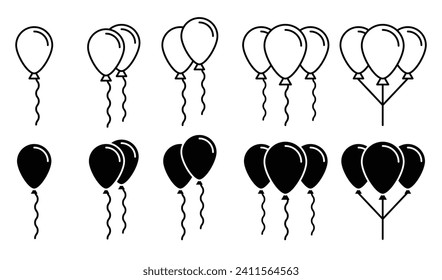 Birthday party balloons vector icon set. black anniversary ballon symbol collection.