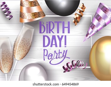 Birthday party banner with air balloons and serpentine, party hats and wooden background. Vector illustration