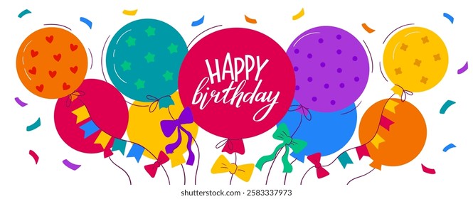 Birthday party banner. Cartoon poster with colorful balloons, cake with candles and gift boxes, happy birthday kids card design. Happy birthday celebration vector background.