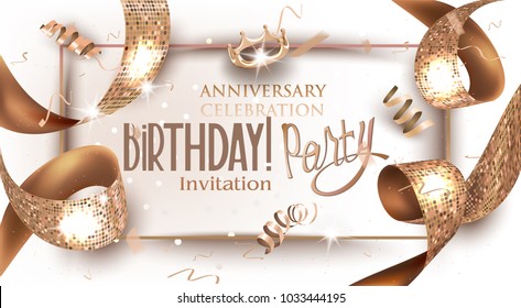 Birthday Party Banner With Golden Textured Ribbon. Vector Illustration