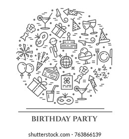 Birthday party banner with pictograms of different celebration and greeting b-day elements collected in form of round. Vector illustration of isolated outline icons with editable stroke.