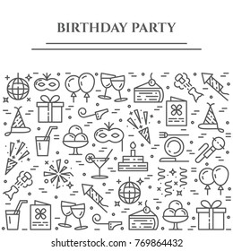 Birthday party banner with pictograms of different celebration and greeting b-day elements collected in form of horizontal rectangle. Vector illustration of isolated outline icons with editable stroke