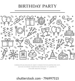 Birthday party banner with pictograms of different celebration and greeting b-day elements collected in form of horizontal rectangle. Vector illustration of isolated outline icons with editable stroke