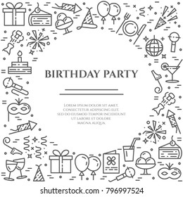 Birthday party banner with pictograms of different celebration and greeting b-day elements collected in square form with copy space. Vector illustration of isolated outline icons with editable stroke.