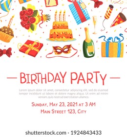 Birthday Party Banner Template, Festive Poster, Invitation Card, Background with Holiday Seamless Pattern and Space for Text Cartoon Style Vector Illustration