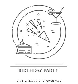 Birthday party banner with thin line pictograms of flapper inside circle and cocktail in glass and piece of cake on it isolated on white background. Vector illustration of celebration outline icons.