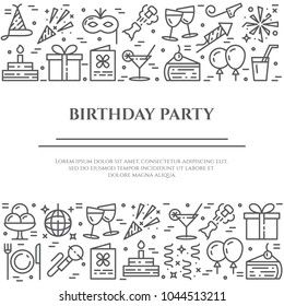 Birthday party banner with two horizontal lines of line icons with editable stroke. Different elements for invitation or congratulation card in minimalistic style. Vector illustration.