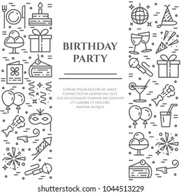 Birthday party banner with two vertical lines of line icons with editable stroke. Different elements for invitation or congratulation card in minimalistic style. Vector illustration.