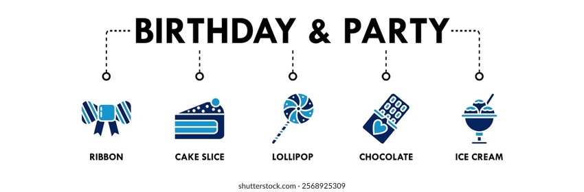 Birthday and Party banner web icon illustration concept with icon of ribbon, cake slice, lollipop, chocolate, and ice cream