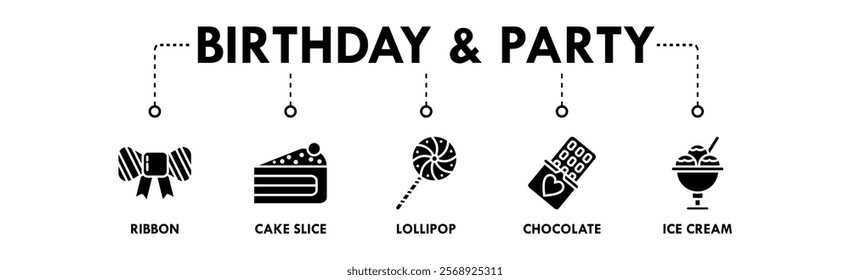 Birthday and Party banner web icon illustration concept with icon of ribbon, cake slice, lollipop, chocolate, and ice cream